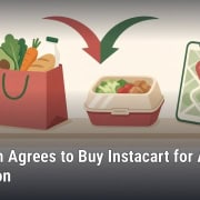 Illustration of a grocery bag, a takeout container and a phone with a delivery map pin under two merging arrows